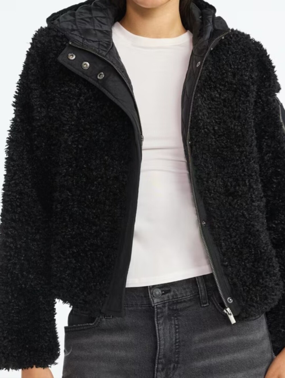 Women's Black Teddy Sherpa Jacket with Quilted Hood